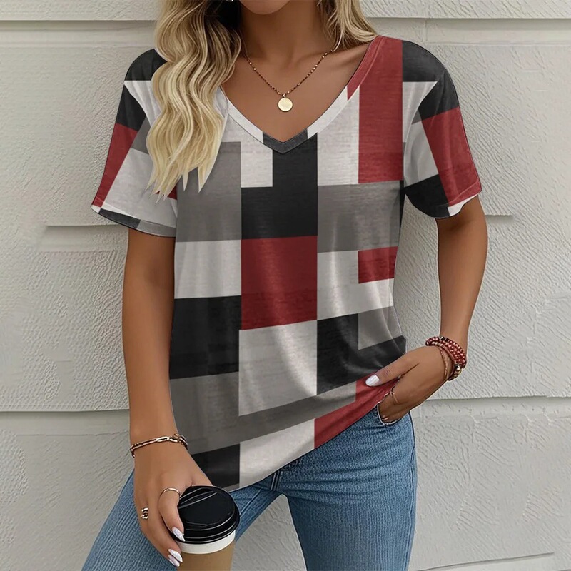 Women's V-Neck Short-Sleeved T-Shirt Tops Multi-Color Montages Graphic 3D Printed T-Shirt Summer Women's Casual Oversized