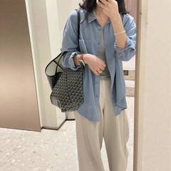 MISSMARM韩系蓝色水洗棉衬衫女早秋慵懒宽松休闲气质叠穿衬衣外套