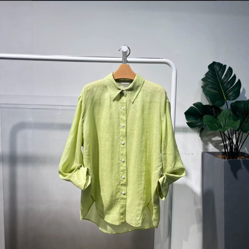 M**Meng Women's Clothing 2026 Summer New Lime Green Korean Style Loose Slimming Thin Ramie Shirt 5H6121112