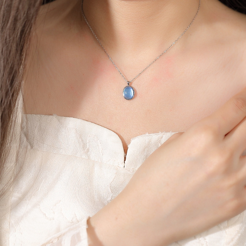 Mặt dây chuyền bạc S925 hình trứng aquamarine phong cách Hàn Quốc — Mặt dây chuyền đơn (không bao gồm dây chuyền)