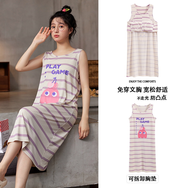 Camisón de verano de las mujeres modal al aire libre Correa chaleco vestido con almohadilla en el pecho pijamas de dibujos animados más tamaño medio-longitud homewear