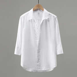 D926纯亚麻白色男士衬衫七分袖麻料宽松薄款透气纯色衬衣男装中袖