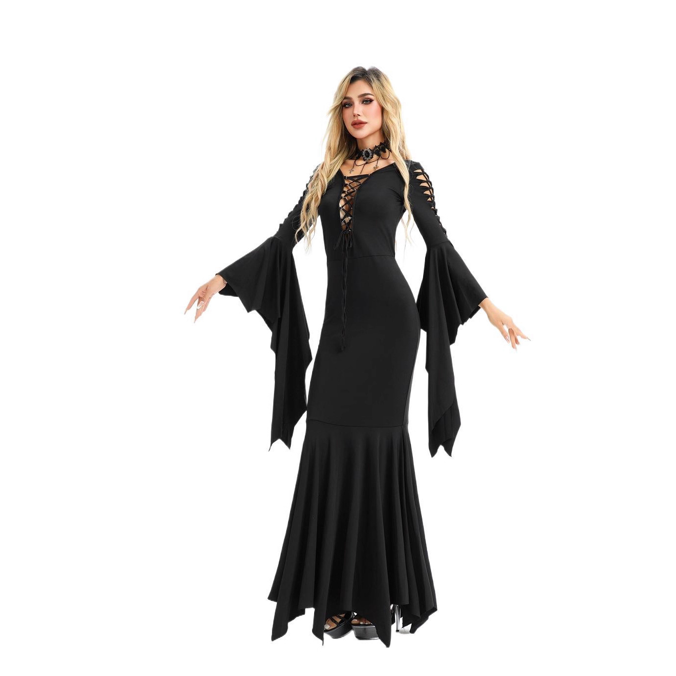 Halloween Costume Bat Vampire Gothic Style European And American Retro Medieval Witch Long Sleeve Dress_voghion.com