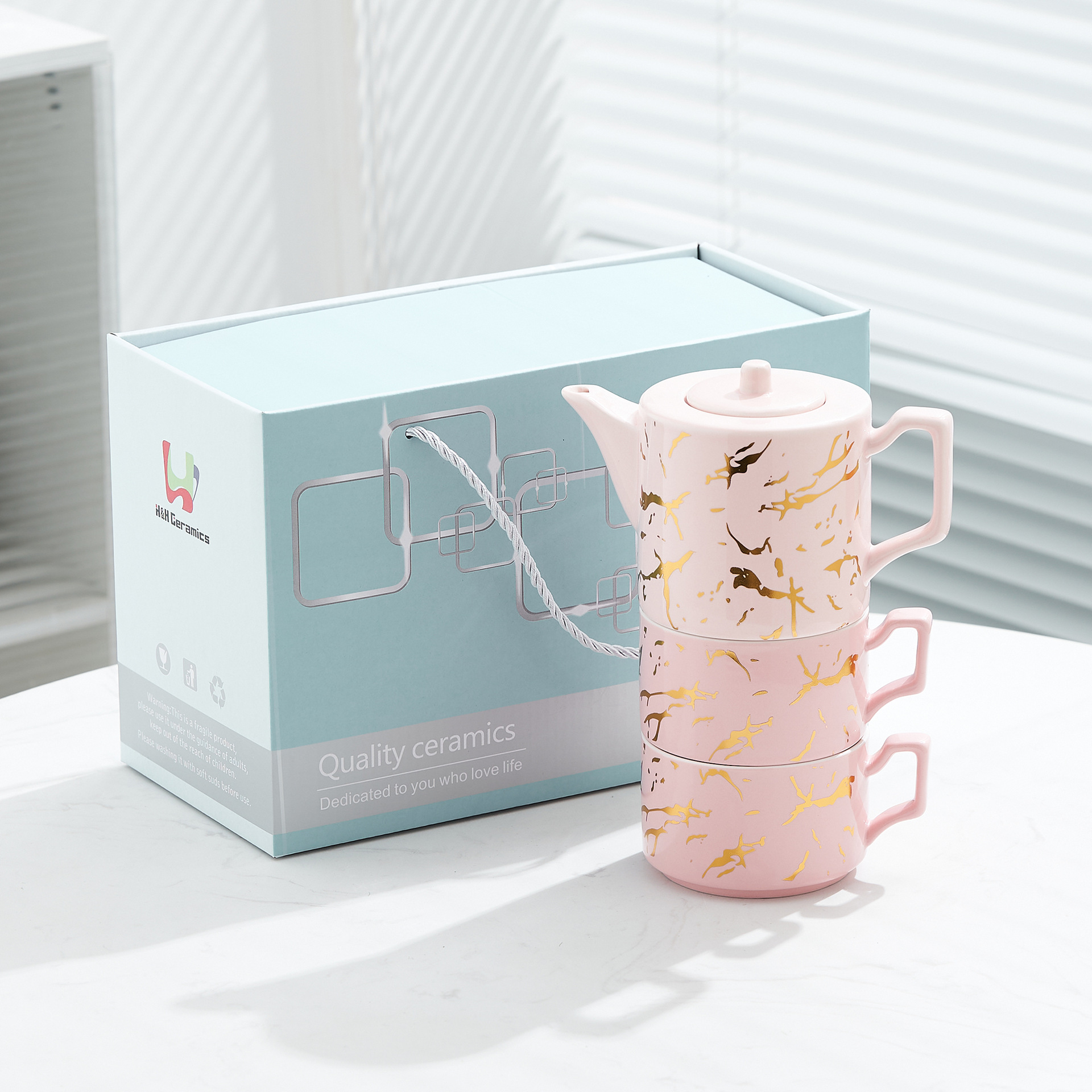 Oro marbling flor juego de té Nordic ins juego de té traje Luz de lujo tarde juego de té caja de regalo embalaje