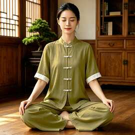 新款中式棉麻太极服套装夏季古风中袖八段锦两件套禅意打坐居士服