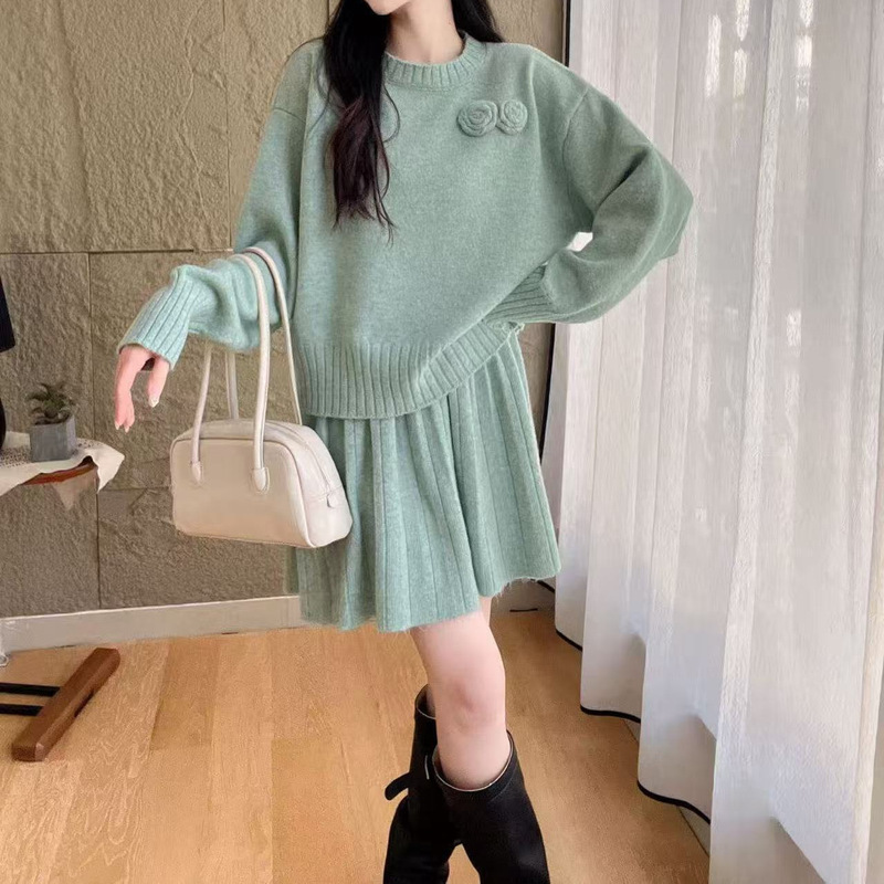 时尚休闲减龄针织套装女秋冬圆领花朵上衣+高腰短款半身裙两件套|undefined