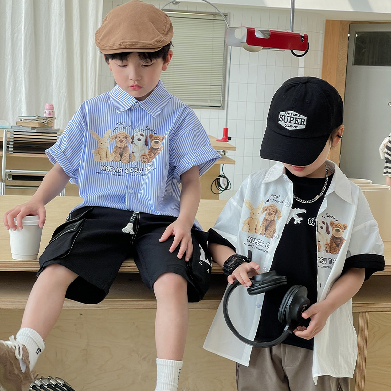 Ropa de verano para niños de estilo coreano Chaqueta de punto a rayas de moda camisa de manga corta casual para niños de moda Mori camiseta para niños