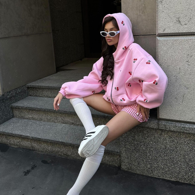 秋季女欧美街头风时尚潮牌宽松百搭运动连帽衫女樱桃印花卫衣外套|undefined