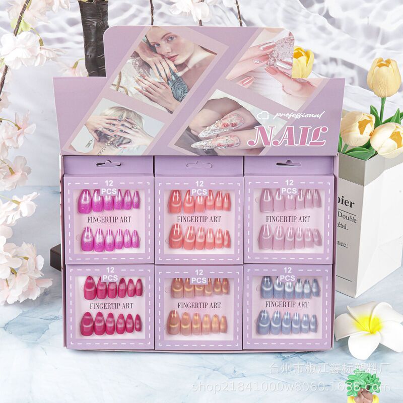 Pvc Boxed Wearable Nails Cat Eye Bow Dot Diamond Gradient Printed Nail Stickers Nail Art Patch Finished Product Display Box