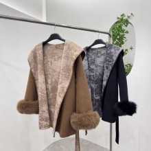 D澳狐狸毛袖连帽中长款高级名媛千金感印花重工双面羊毛大衣女