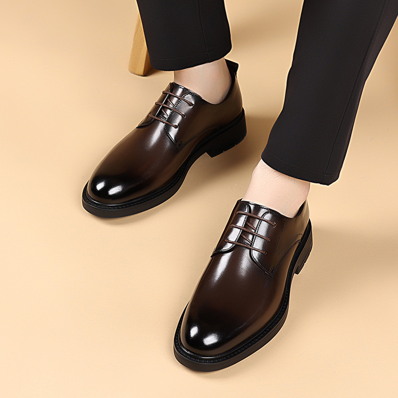 zapatos de cuero de negocios de hombre, cabeza redonda, cinturón clásico, zapatos de hombre, capa de cabeza antideslizante y resistente al desgaste, zapatos de derby con suela gruesa