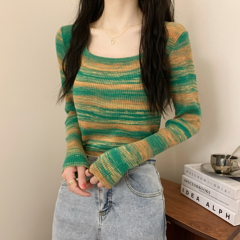 Leaky Collarbone Square Collar Long Sleeve Inner Knit Sweater Women's Autumn New Korean Style Contrast Color Striped Base Top for Small Men Leaky Collarbone Square Collar Long Sleeve Inner Knit Sweater Women's Autumn New Korean Style Contrast Color Striped Base Top for Small Men