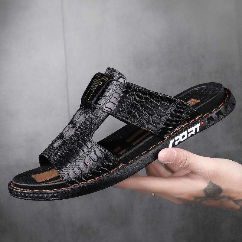 Cross-Border Crocodile Pattern Slippers for Men, Summer Outdoor Flip-Flops, Men's Flat-Soled Stitched Beach Sandals, Open-Toe