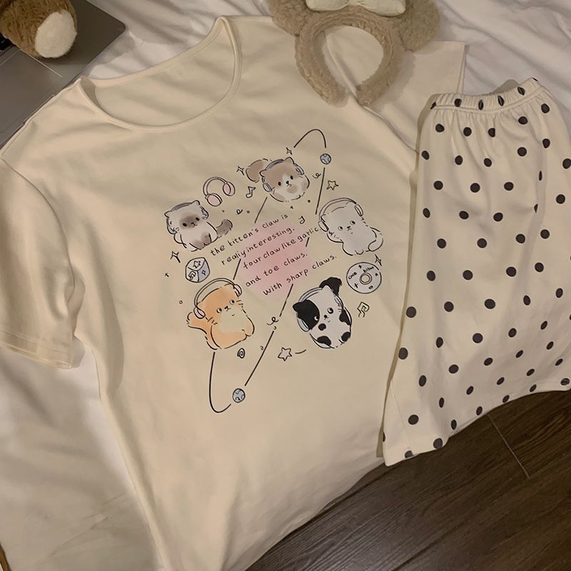 Verano transfronterizo nuevo pijama mujer imitación algodón cuello redondo jersey pantalones cortos de manga corta lindo dibujos animados cómodo traje de servicio a domicilio