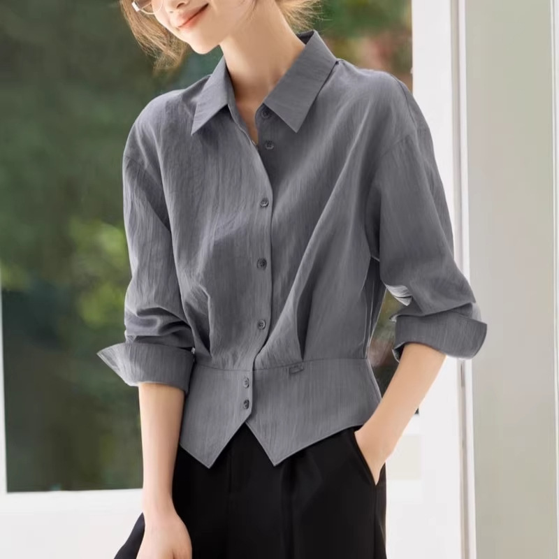 2026 Spring New Style Women's French-Style Elegant Shirt, Slim-Fit Waist-Cinching Commuter Blouse, Beautiful Gray Shirt A10281