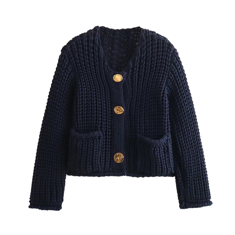 2024 New Cross-border Women's Clothing European and American Solid Color Single Row Round Buckle Double Pocket Short Thick Knitted Sweater Jacket for Women