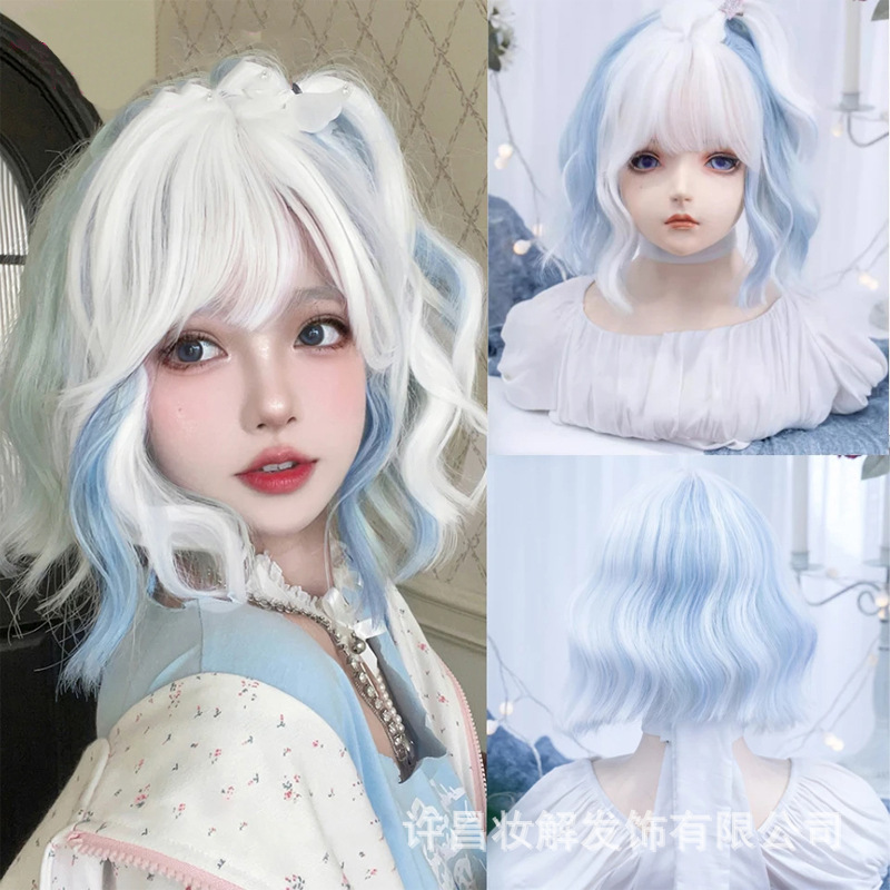 Synthetic Lolita Wig Women's Short Bob Rainbow Hair Color Lolita Cute JK Dot Dye Short Curly Hair Wig Women's Resistance