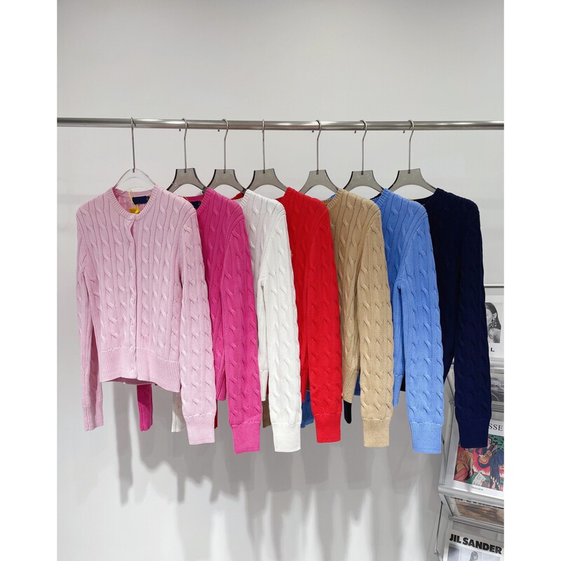 Pure Cotton Slim-Fit Ralph Lauren Pony Logo Embroidered Cable Knit Sweater Cardigan with Long Sleeves and Casual Round Neck