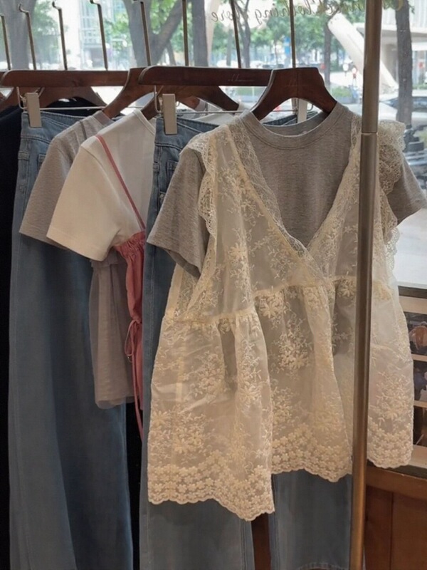 Korean-Style Lace Vest Layered with Gray Round-Neck Short-Sleeve Shirt for Women, Summer Fashion, Versatile for Commuting, Two-Piece Top Set Korean-Style Lace Vest Layered with Gray Round-Neck Short-Sleeve Shirt for Women, Summer Fashion, Versatile for Commuting, Two-Piece Top Set