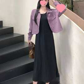 大码女装夏季感法式小香风外套气质百搭显瘦连衣裙两件套套装纽扣