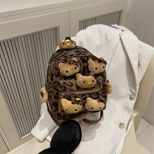 小众辣妹新款豹纹kitty双肩包收纳便携户外旅游毛绒背包跨境风潮