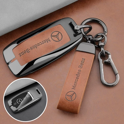Mercedes-Benz Key Cover Metal Protective Case Waterproof and Scratch-Resistant Zinc Alloy Car Remote Control Cover with Buckle Unisex (Car key bag) - 1-gunmetal-brown-leather-full-coverage-ring-leather-buckle
