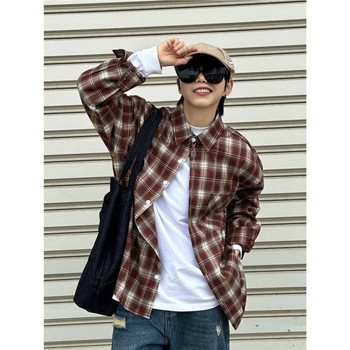 American-style trendy checkered shirt for men and women, spring and summer casual high-end versatile loose couple long-sleeved shirt jacket