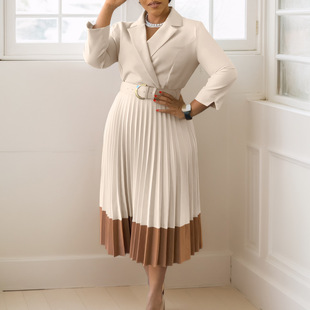 D538 Amazon Cross-Border Autumn and Winter European and American Fashion Women's Suit Collar Fashion Ol Elegant Pleated African Dress