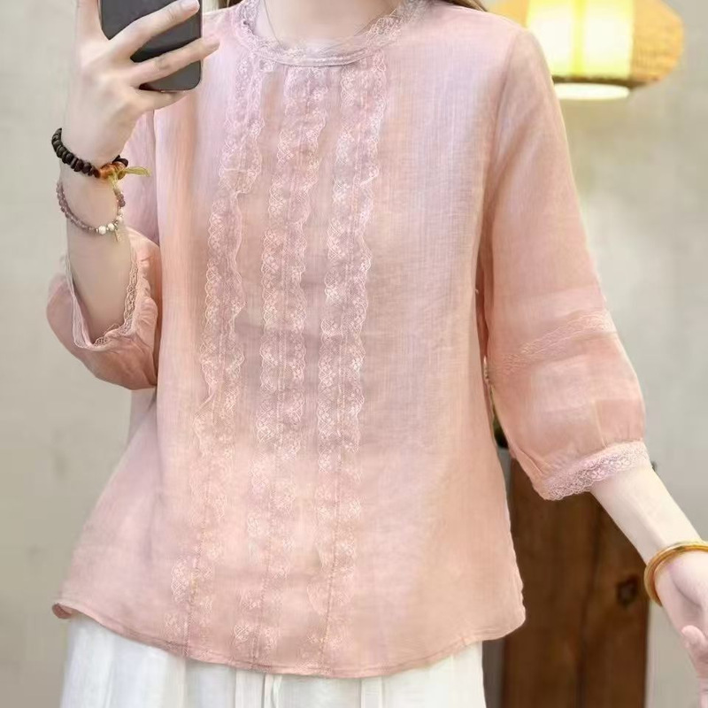 26 Summer Style Ramie Short-Sleeved Women's Pullover Lace Trim Half-Sleeved Top Casual Style Shirt New Style 26 Summer Style Ramie Short-Sleeved Women's Pullover Lace Trim Half-Sleeved Top Casual Style Shirt New Style