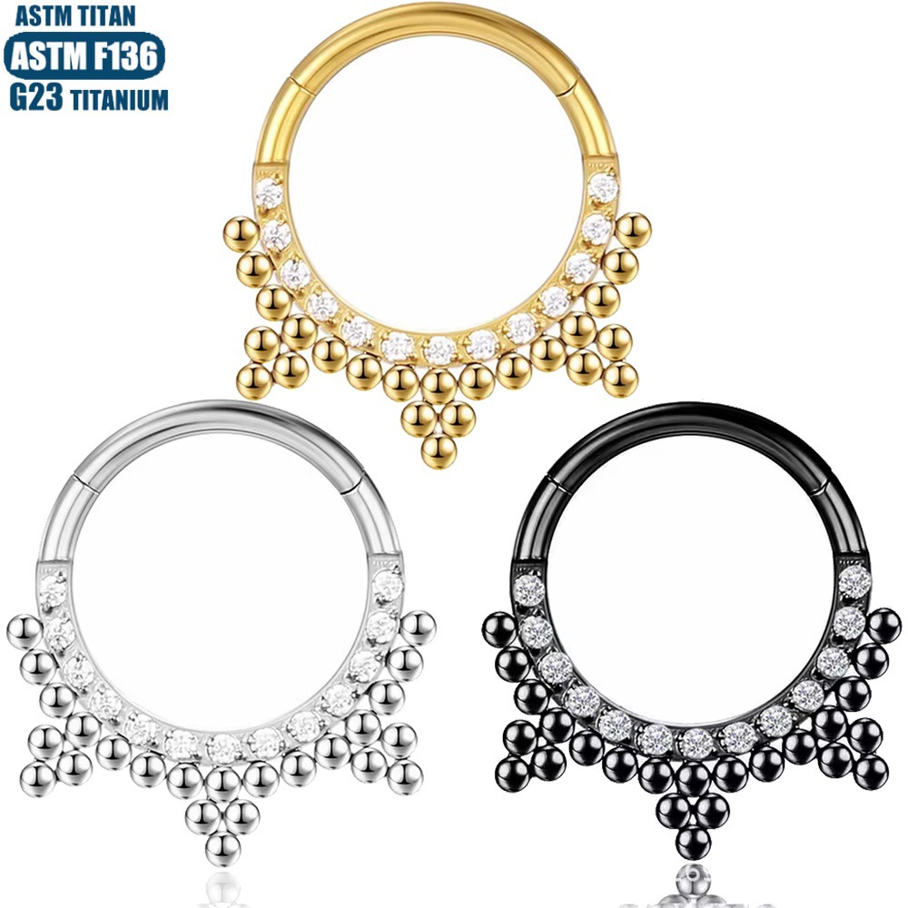 F136 Titanium Alloy Seamless Ring Septum Clicker CZ Zircon Earring for Cartilage Nose Piercing detail image 7