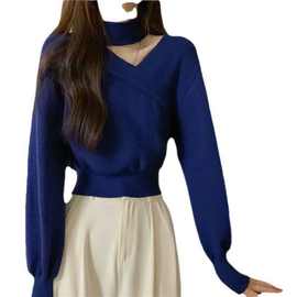 针织衫女秋冬新款设计感交叉挂脖宽松显瘦气质长袖百搭小个子上衣