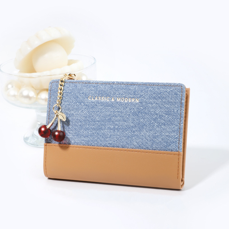 Lini'an's new women's short wallet, ins-style with cherry pendant, zipper design, color-blocking, high aesthetic appeal, coin purse Lini'an's new women's short wallet, ins-style with cherry pendant, zipper design, color-blocking, high aesthetic appeal, coin purse