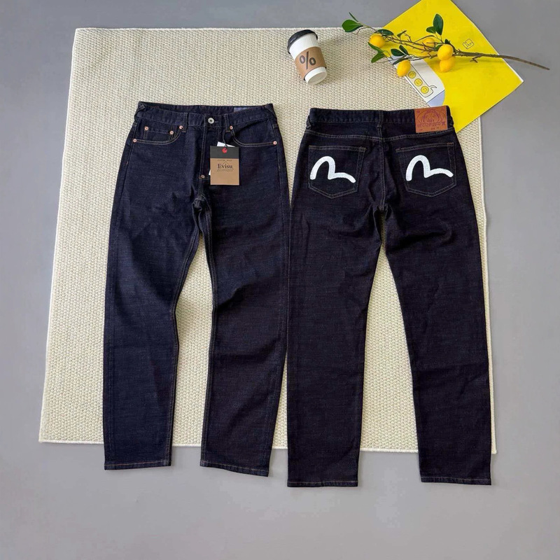 25 Classic Evisu Fukushen Back Pocket Jeans with Iconic White Small m Embroidery, Eye-Catching and Stylish Dark Denim Pants
