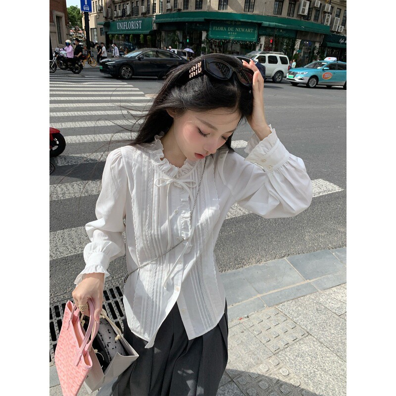 Hhyii 麦瑟尔日记白色法式衬衫女高级感别致小衫花边立领叠穿上衣|undefined