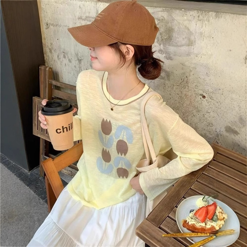 Korean Yellow Ice Silk Knitted Sun Protection Air-Conditioning Shirt Long-Sleeved T-Shirt Women's Summer Suspender Outer Tulle Top Blouse