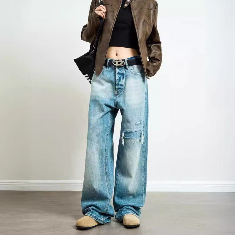 New American Style Retro Ice Blue Straight Jeans vintage Washed Wear Loose Pants New American Style Retro Ice Blue Straight Jeans vintage Washed Wear Loose Pants