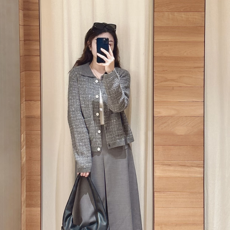 ———Z He Tweed Silver-Gray Chanel-Style Knitted Cardigan Sp261191