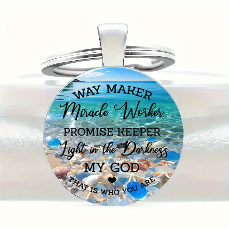 Keychain - "The Guardian of the Promise to Make Miracles on the Road" - Round Glass Dome Pendant, Zinc Alloy