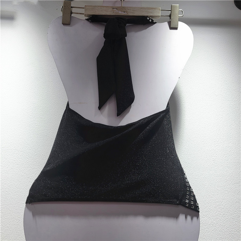Top de Tirantes con Cuello Halter de Poliéster y Pedrería Plisado para Primavera y Verano