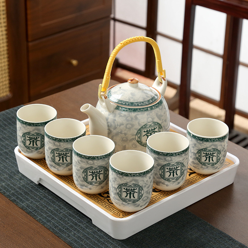 Tetera, bandeja para té, porcelana azul y blanca, tetera de kung fu con asa, juego de té para el hogar, bandeja, una tetera y seis tazas, mesa de té, ceremonia del té.