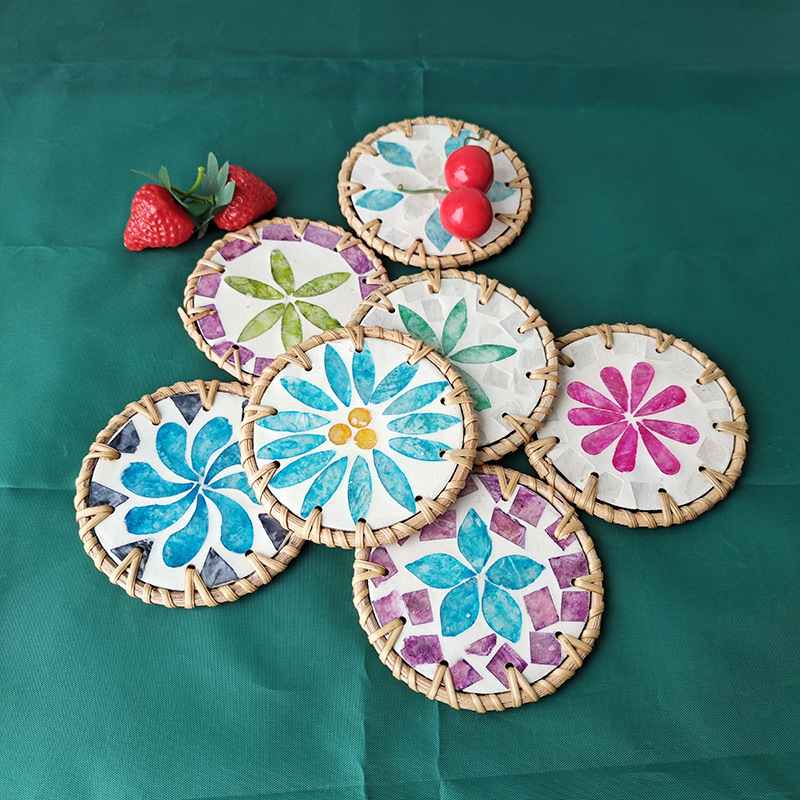 越南藤编贝壳杯垫隔热垫圆形餐桌垫桌面茶几垫秋藤西餐垫茶具配件