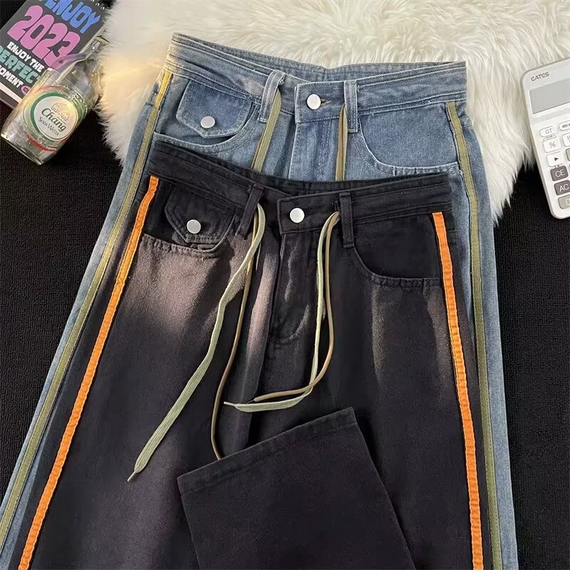 Демисезонные джинсы, брюки, oversize, свободный straight fit
