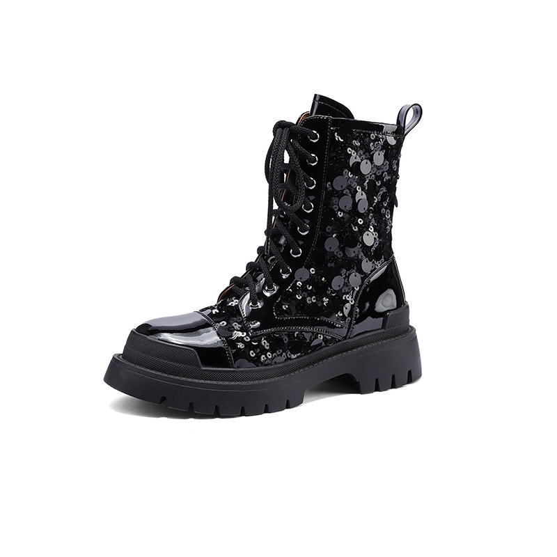 Boot nữ cổ thấp hở mũi dây buộc đế platform cao 5 cm màu bạc sequin — màu đen, bạc