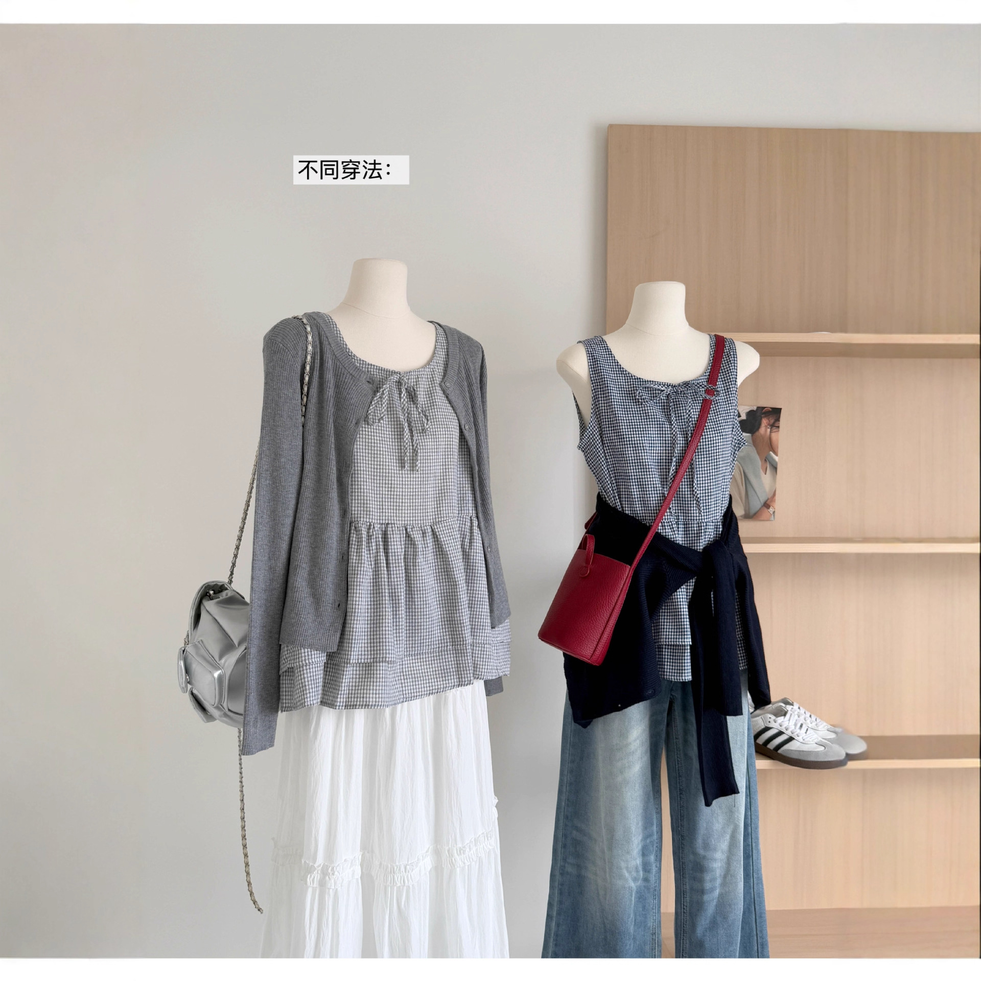 清仓尾货～专柜尾货韩系叠穿两件套女针织开衫蝴蝶结系带格纹背心