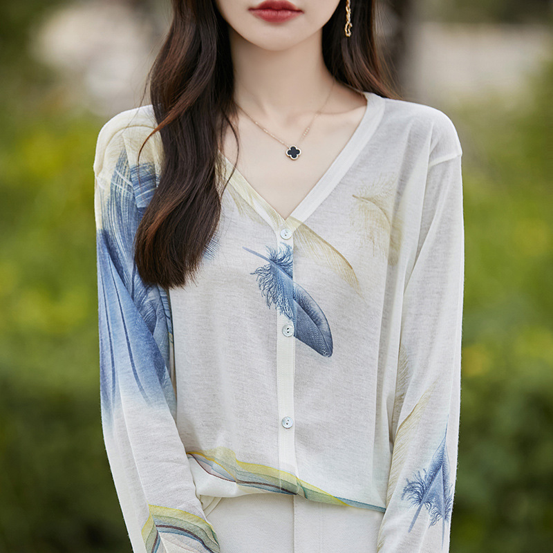 2024 Early Autumn New Lyocell Tencel Water-soluble Wool V-neck Knitted Cardigan Printed Thin Coat Top