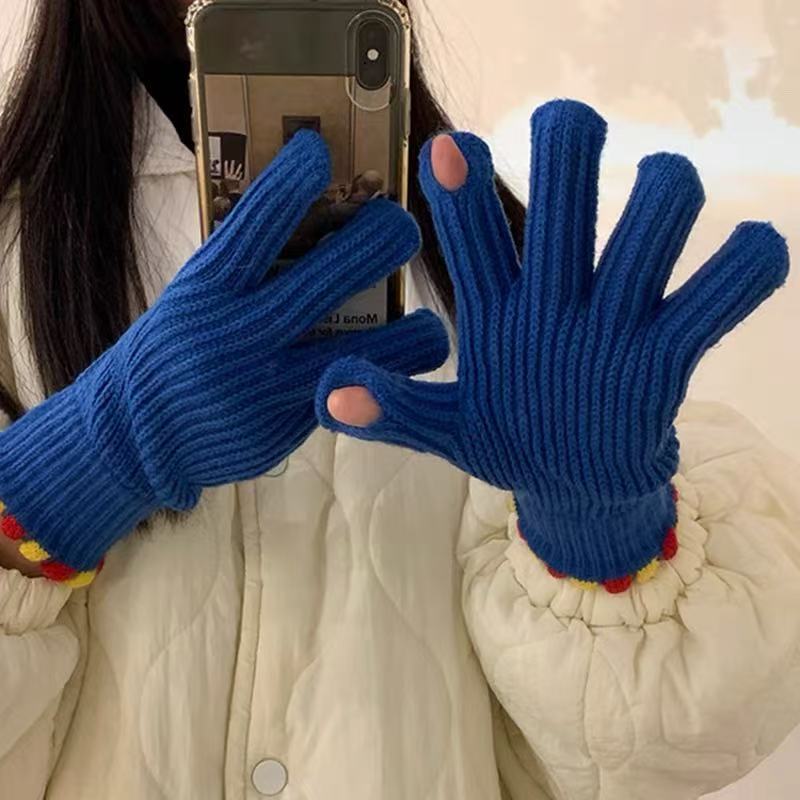 韩国ins小糖豆冬季露指毛线针织手套女纯色触屏保暖防风骑车分指|undefined