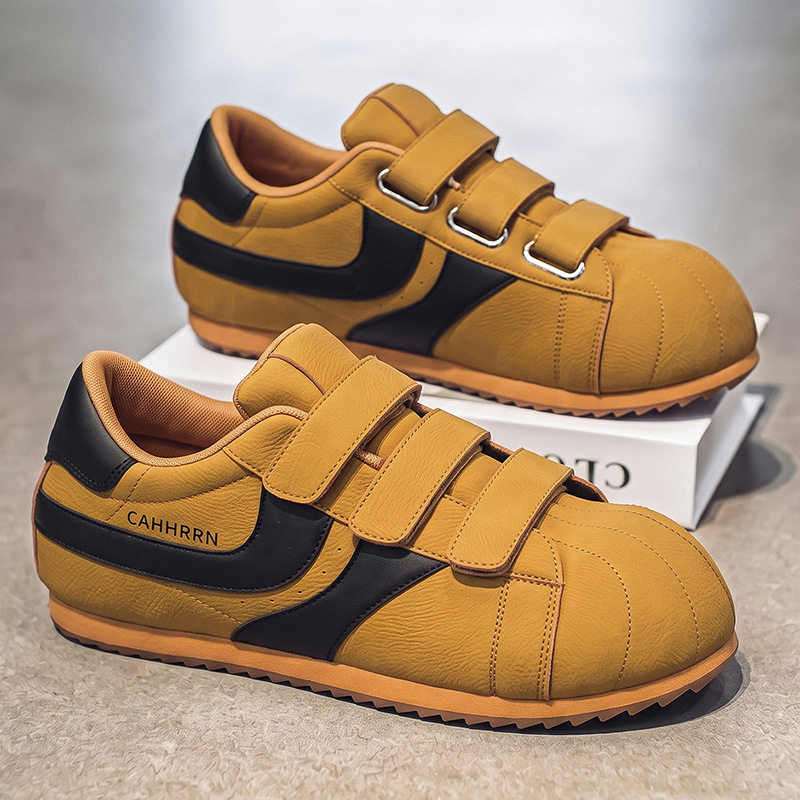 Giày sneaker nam mũi tròn khóa dán kiểu Đức huấn luyện, đế bằng gót thấp 1–3 cm, phối màu trơn — A2862 màu trắng, A2862 màu vàng, A2862 màu đen