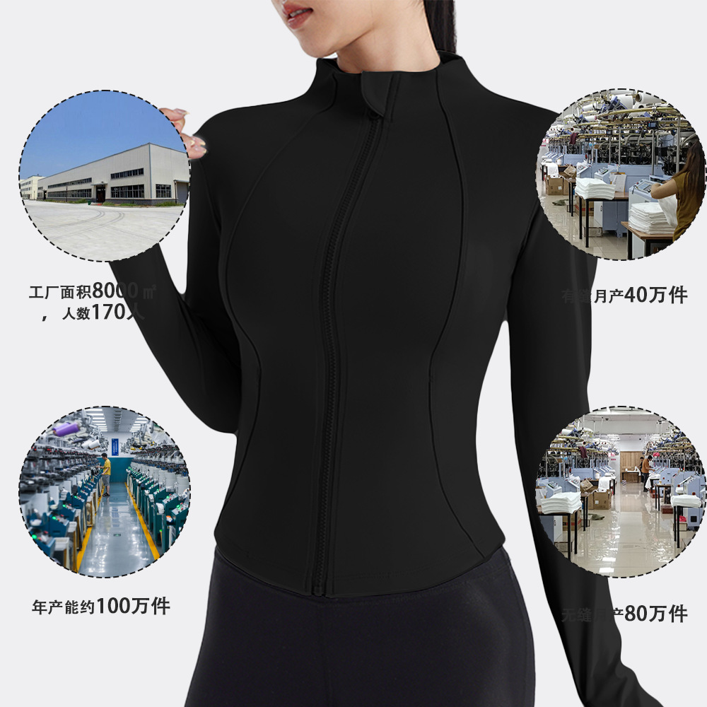 Nuevo cross-border damas chaqueta deportiva fitness delgada espalda cremallera manga larga running top yoga