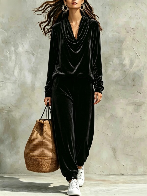 2026 Autumn/Winter Cross-Border Amazon New European and American Fashion Women's Casual Drape Collar Long Sleeve Top and Jogger Pants Set 2026 Autumn/Winter Cross-Border Amazon New European and American Fashion Women's Casual Drape Collar Long Sleeve Top and Jogger Pants Set