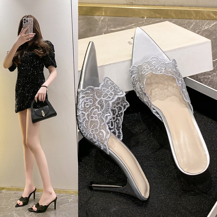 2025 New Open-Toe Pointed Mesh Lace Patent Leather One-Strap Women's Summer Sexy Outdoor Wear Thin High Heel Slippers_vogvips.com